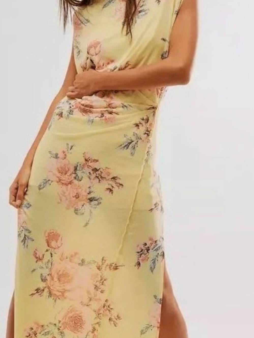 Free People "Carmel" Yellow Floral Print Midi Dress Women's Size Small Raw Hem